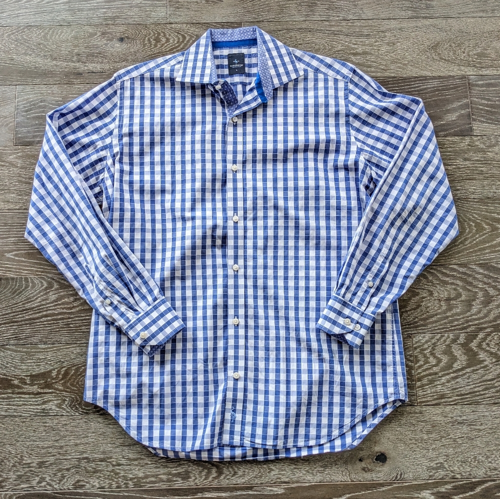 Tailorbyrd Blue Plaid Cotton Long Sleeve Sport Shirt Size Large